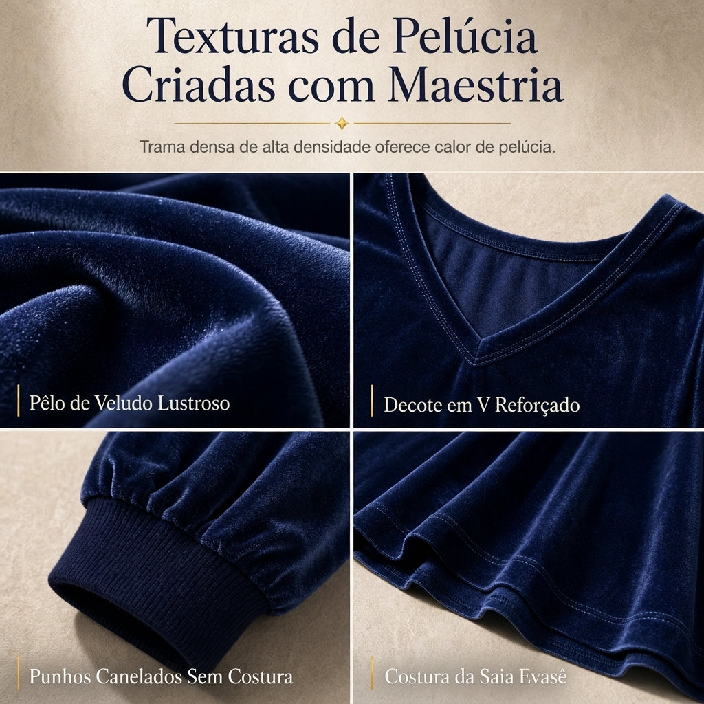 Conjunto feminino de veludo de cor sólida de duas peças com blusa de moletom de gola V profunda e saia midi evasê