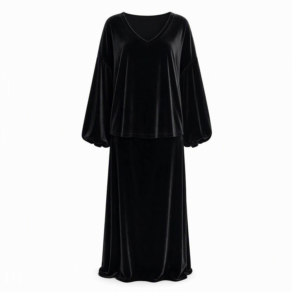 Conjunto feminino de veludo de cor sólida de duas peças com blusa de moletom de gola V profunda e saia midi evasê