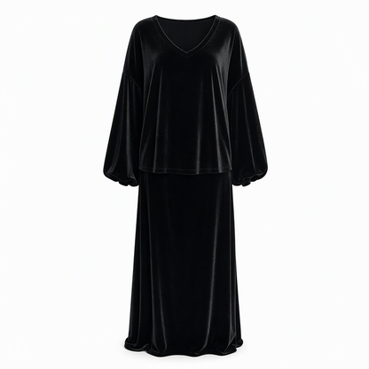 Conjunto feminino de veludo de cor sólida de duas peças com blusa de moletom de gola V profunda e saia midi evasê