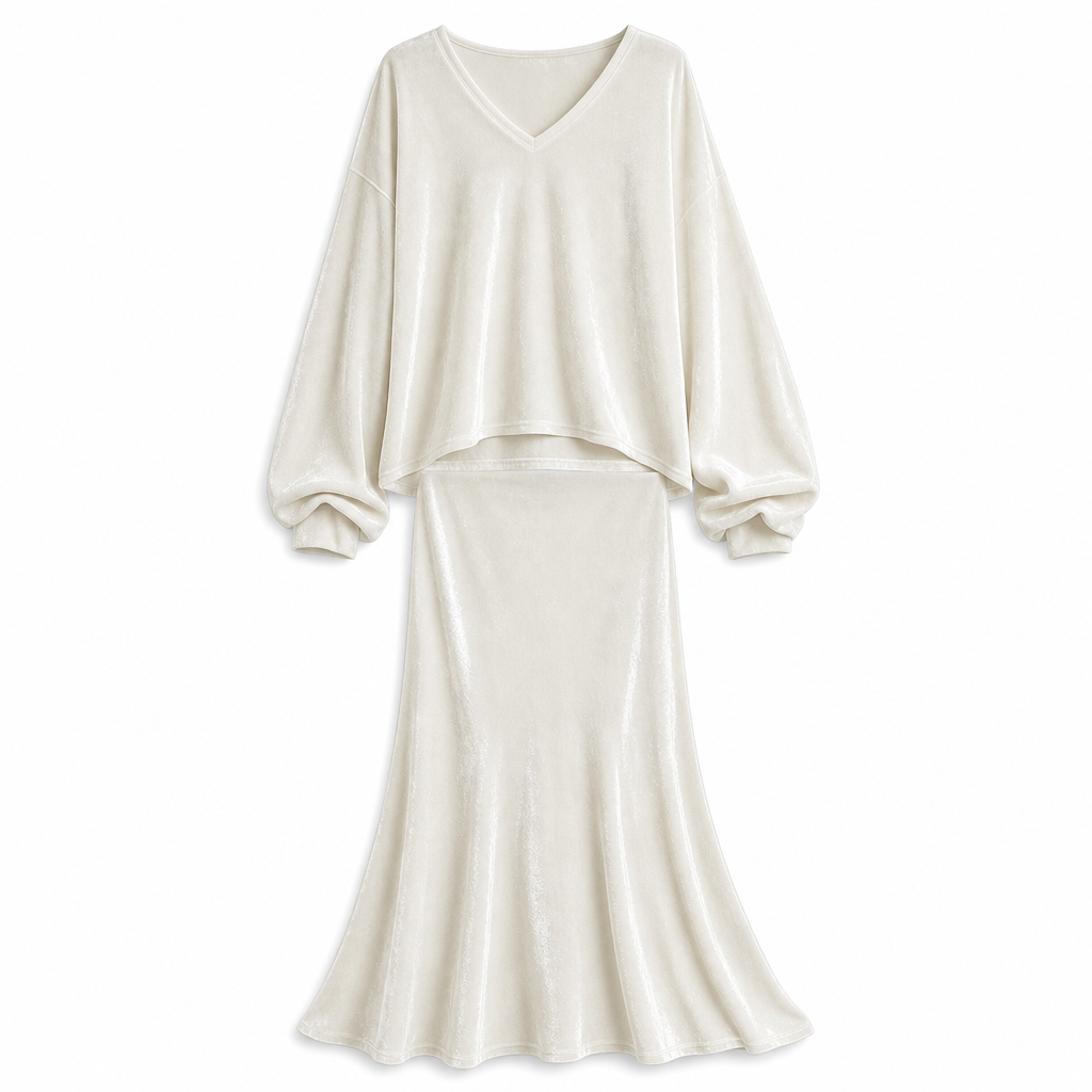 Conjunto feminino de veludo de cor sólida de duas peças com blusa de moletom de gola V profunda e saia midi evasê