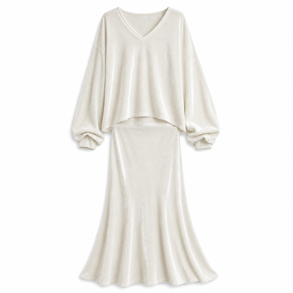 Conjunto feminino de veludo de cor sólida de duas peças com blusa de moletom de gola V profunda e saia midi evasê