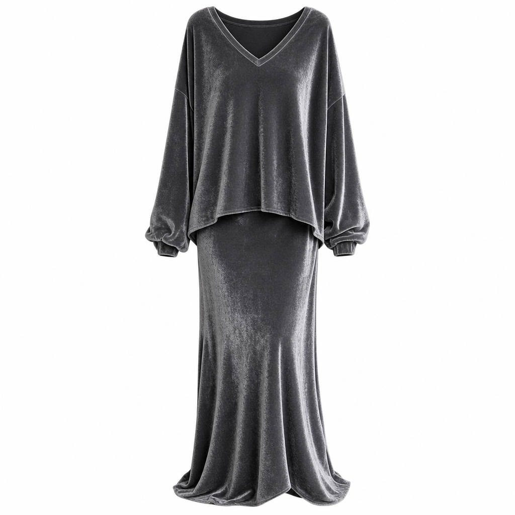 Conjunto feminino de veludo de cor sólida de duas peças com blusa de moletom de gola V profunda e saia midi evasê