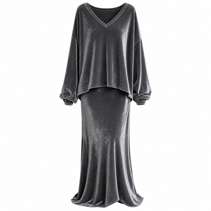 Conjunto feminino de veludo de cor sólida de duas peças com blusa de moletom de gola V profunda e saia midi evasê