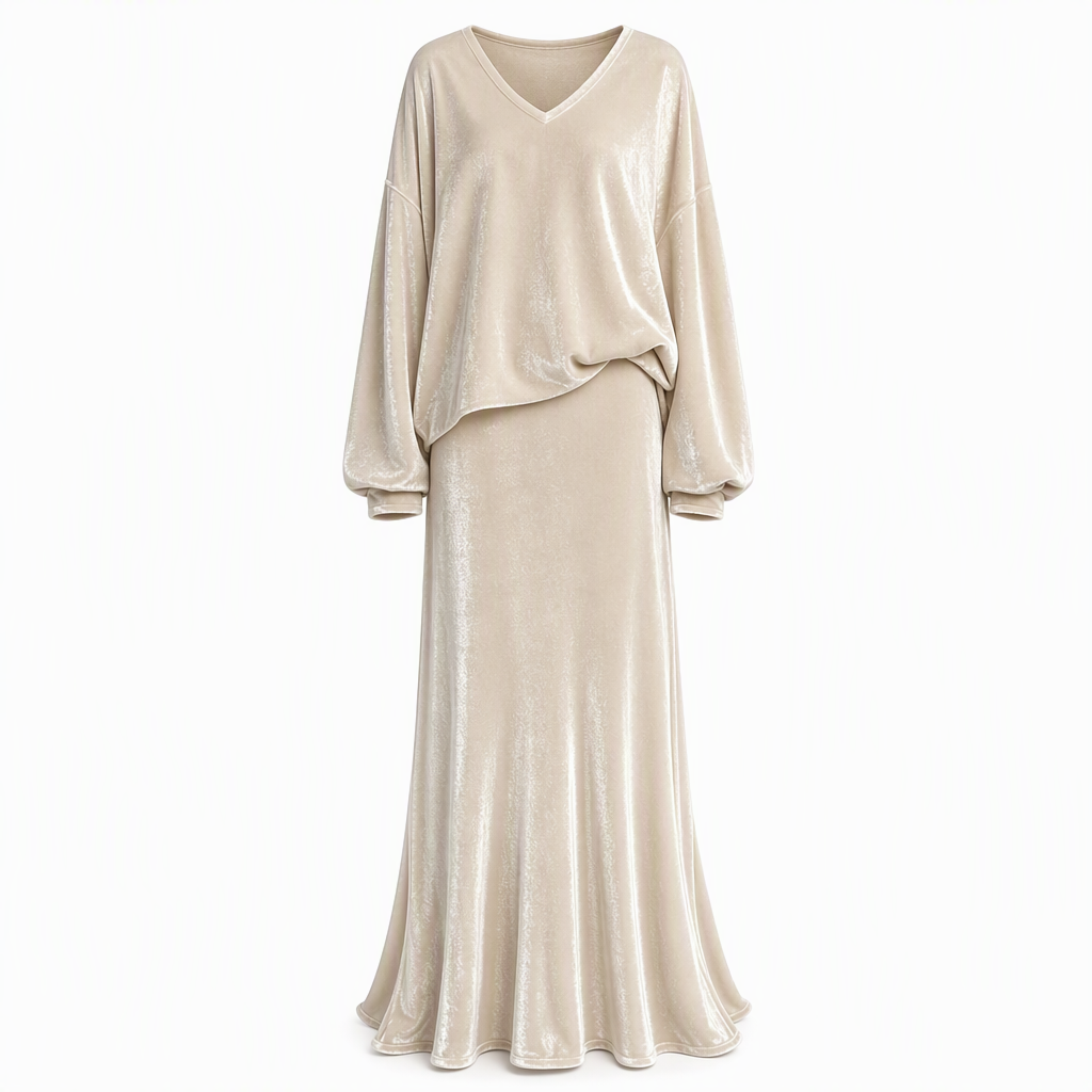 Conjunto feminino de veludo de cor sólida de duas peças com blusa de moletom de gola V profunda e saia midi evasê