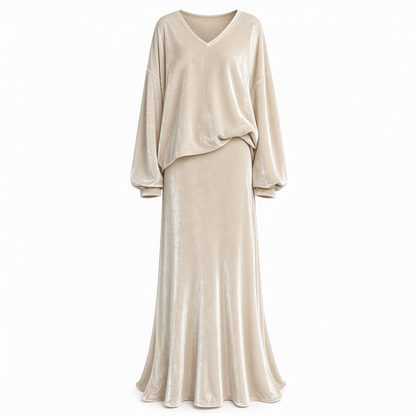 Conjunto feminino de veludo de cor sólida de duas peças com blusa de moletom de gola V profunda e saia midi evasê