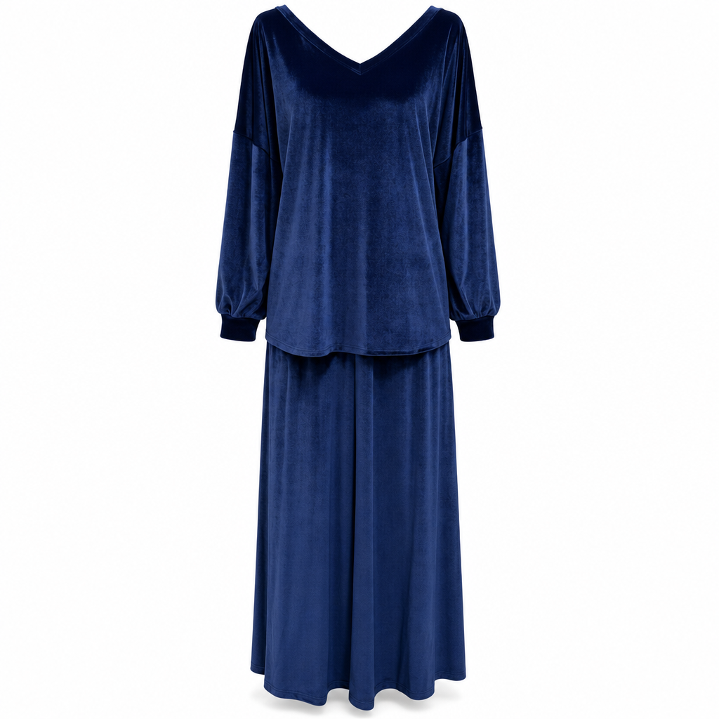 Conjunto feminino de veludo de cor sólida de duas peças com blusa de moletom de gola V profunda e saia midi evasê