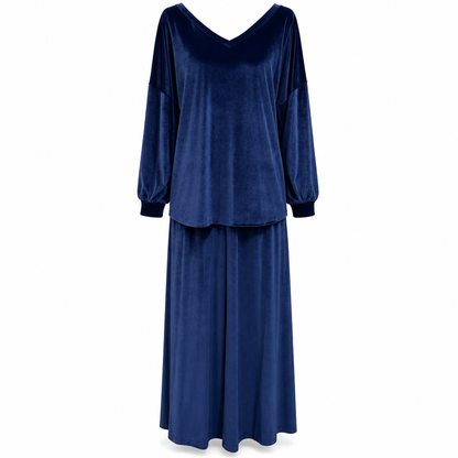 Conjunto feminino de veludo de cor sólida de duas peças com blusa de moletom de gola V profunda e saia midi evasê