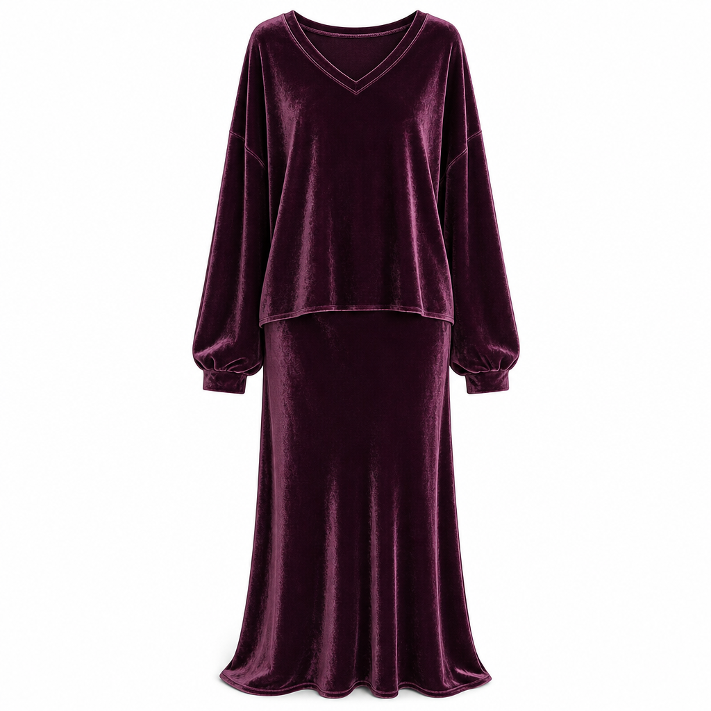 Conjunto feminino de veludo de cor sólida de duas peças com blusa de moletom de gola V profunda e saia midi evasê