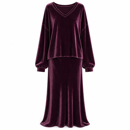Conjunto feminino de veludo de cor sólida de duas peças com blusa de moletom de gola V profunda e saia midi evasê