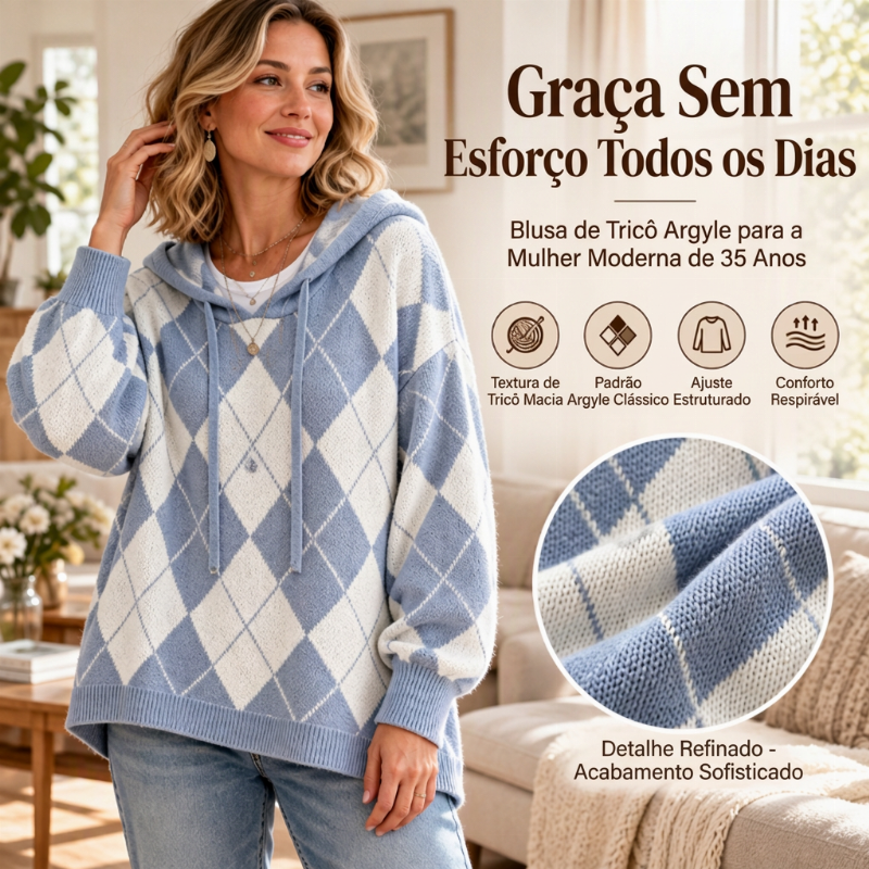 Suéter feminino casual com capuz e padrão Argyle