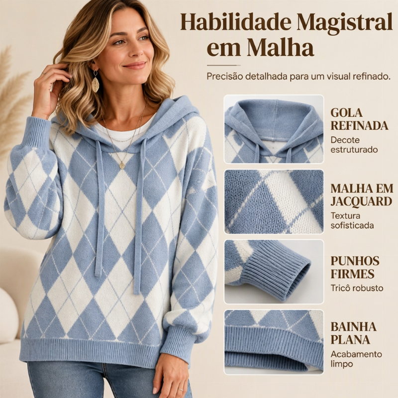 Suéter feminino casual com capuz e padrão Argyle