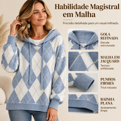 Suéter feminino casual com capuz e padrão Argyle