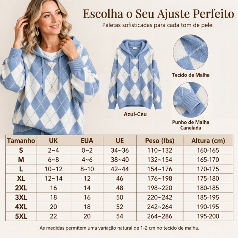 Suéter feminino casual com capuz e padrão Argyle