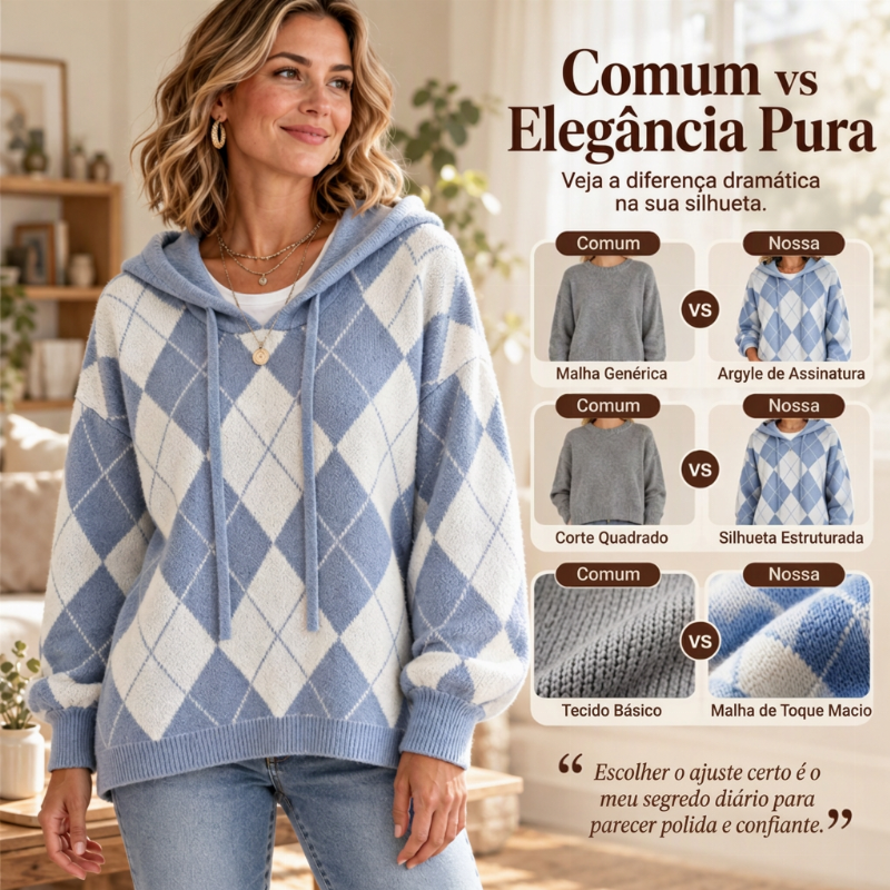 Suéter feminino casual com capuz e padrão Argyle