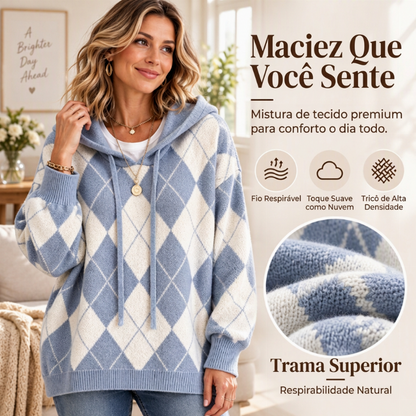 Suéter feminino casual com capuz e padrão Argyle