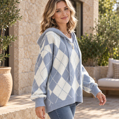 Suéter feminino casual com capuz e padrão Argyle