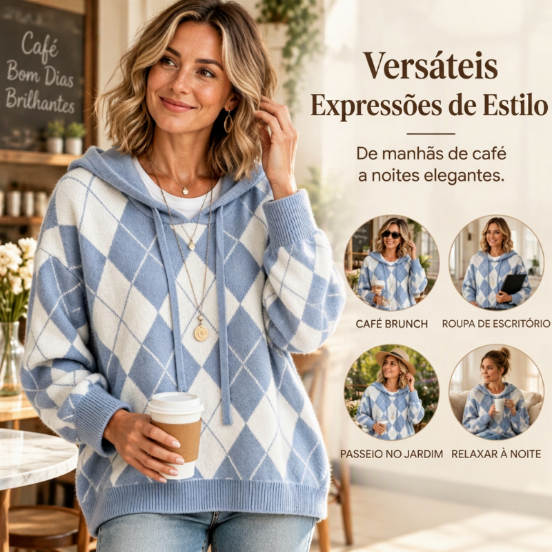 Suéter feminino casual com capuz e padrão Argyle