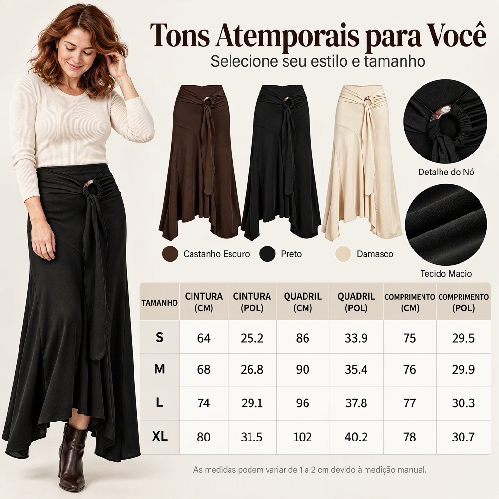 Saia midi de caiaque irregular com laço de anel O para mulheres