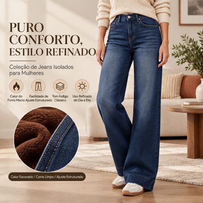 Calça Jeans Feminina Térmica de Cintura Alta e Perna Larga