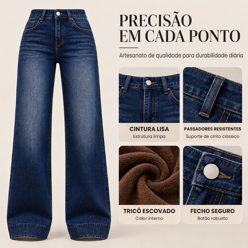 Calça Jeans Feminina Térmica de Cintura Alta e Perna Larga