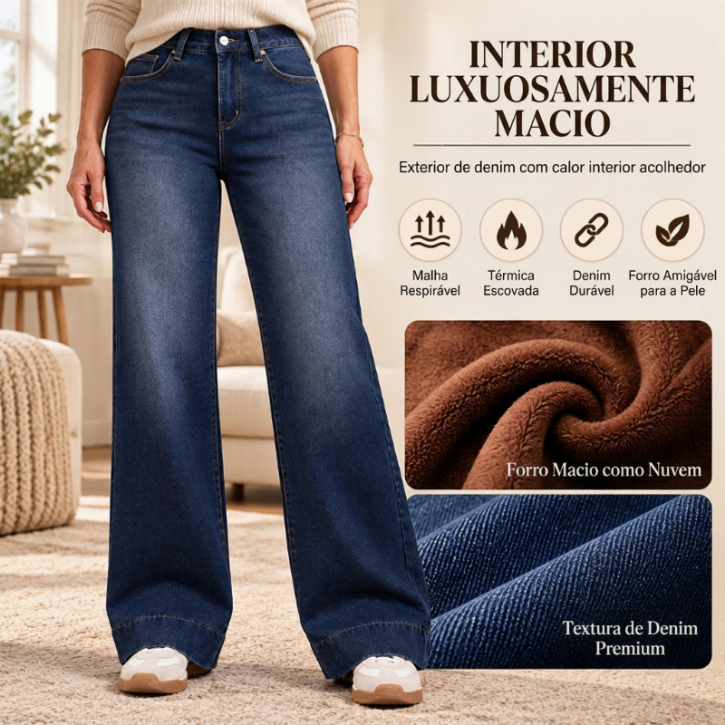 Calça Jeans Feminina Térmica de Cintura Alta e Perna Larga
