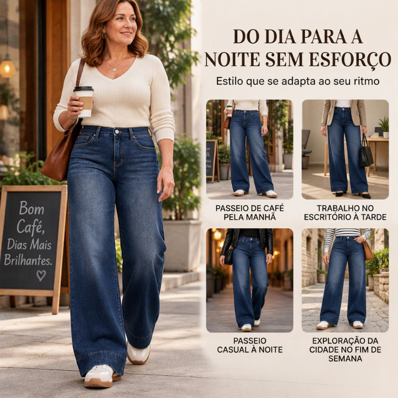 Calça Jeans Feminina Térmica de Cintura Alta e Perna Larga