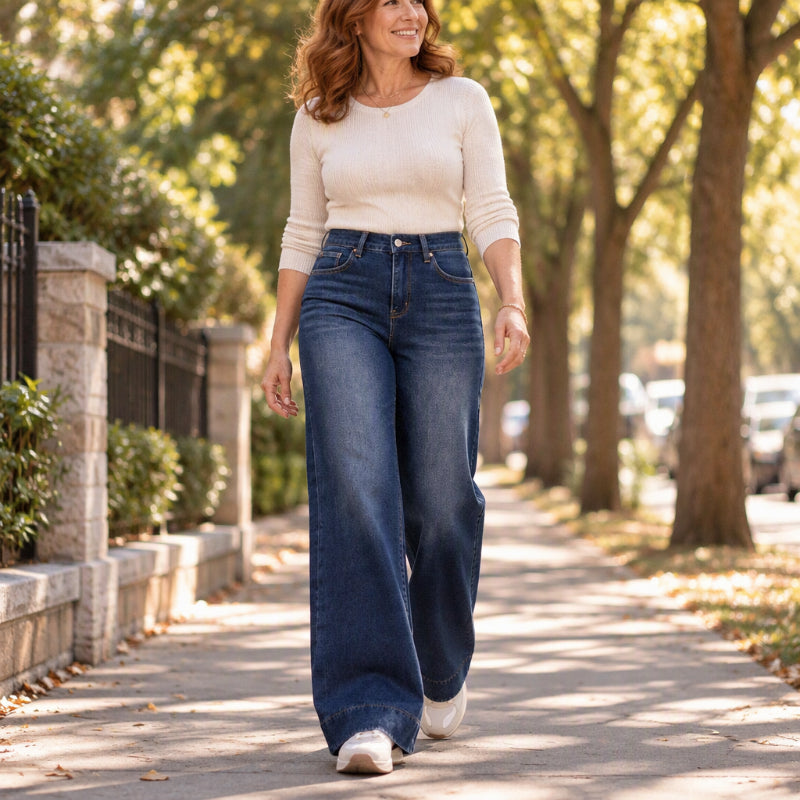 Calça Jeans Feminina Térmica de Cintura Alta e Perna Larga