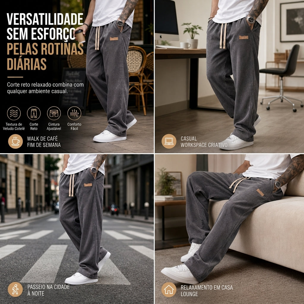 Calças Casual de Sarja Leve para Masculino Corte Reto e Solto