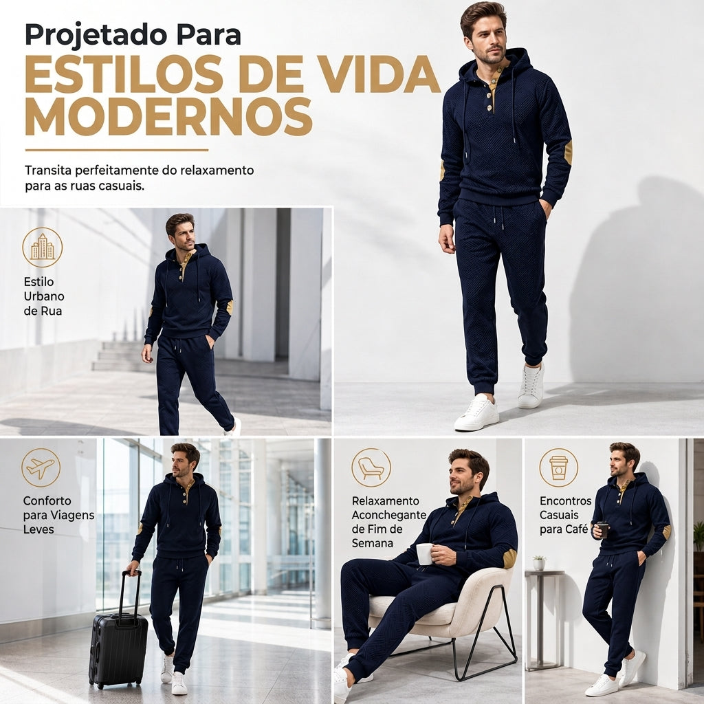 Conjunto de Moletom com Capuz e Calça de Tecido Jacquard Masculino 2 Peças, Conjunto de Treino Casual de Outono e Inverno