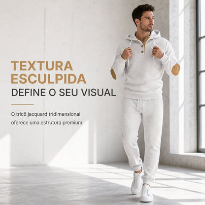 Conjunto de Moletom com Capuz e Calça de Tecido Jacquard Masculino 2 Peças, Conjunto de Treino Casual de Outono e Inverno