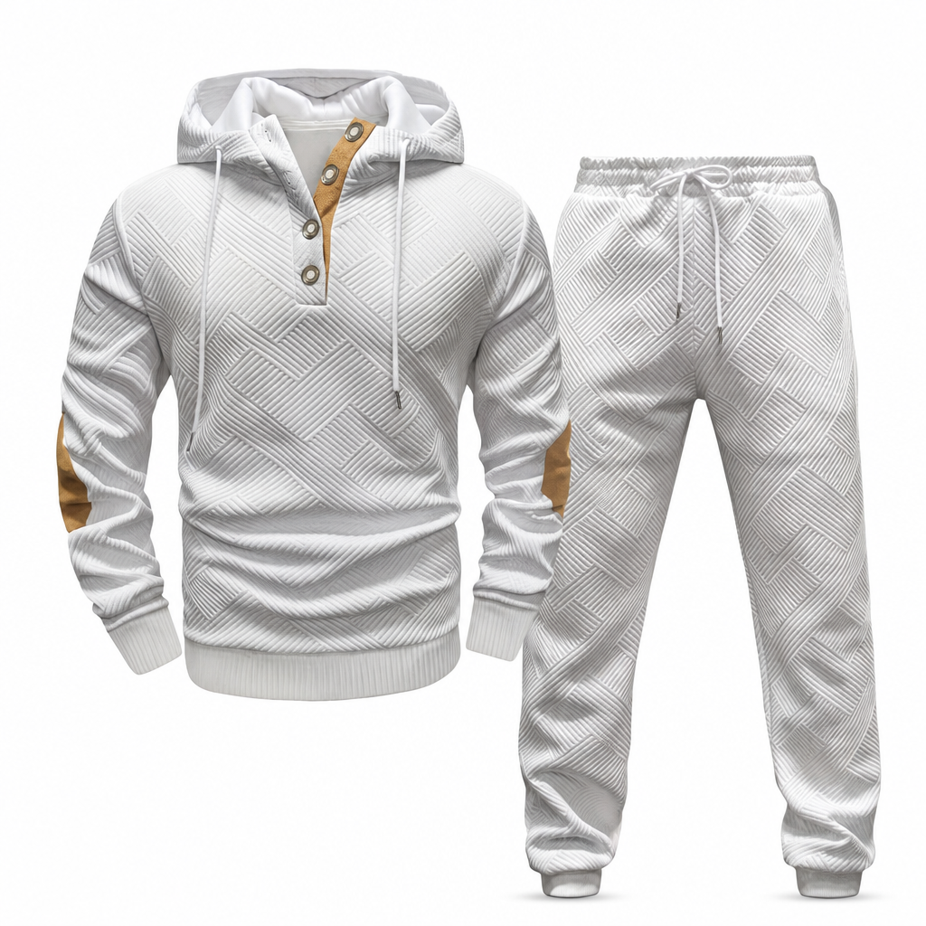 Conjunto de Moletom com Capuz e Calça de Tecido Jacquard Masculino 2 Peças, Conjunto de Treino Casual de Outono e Inverno