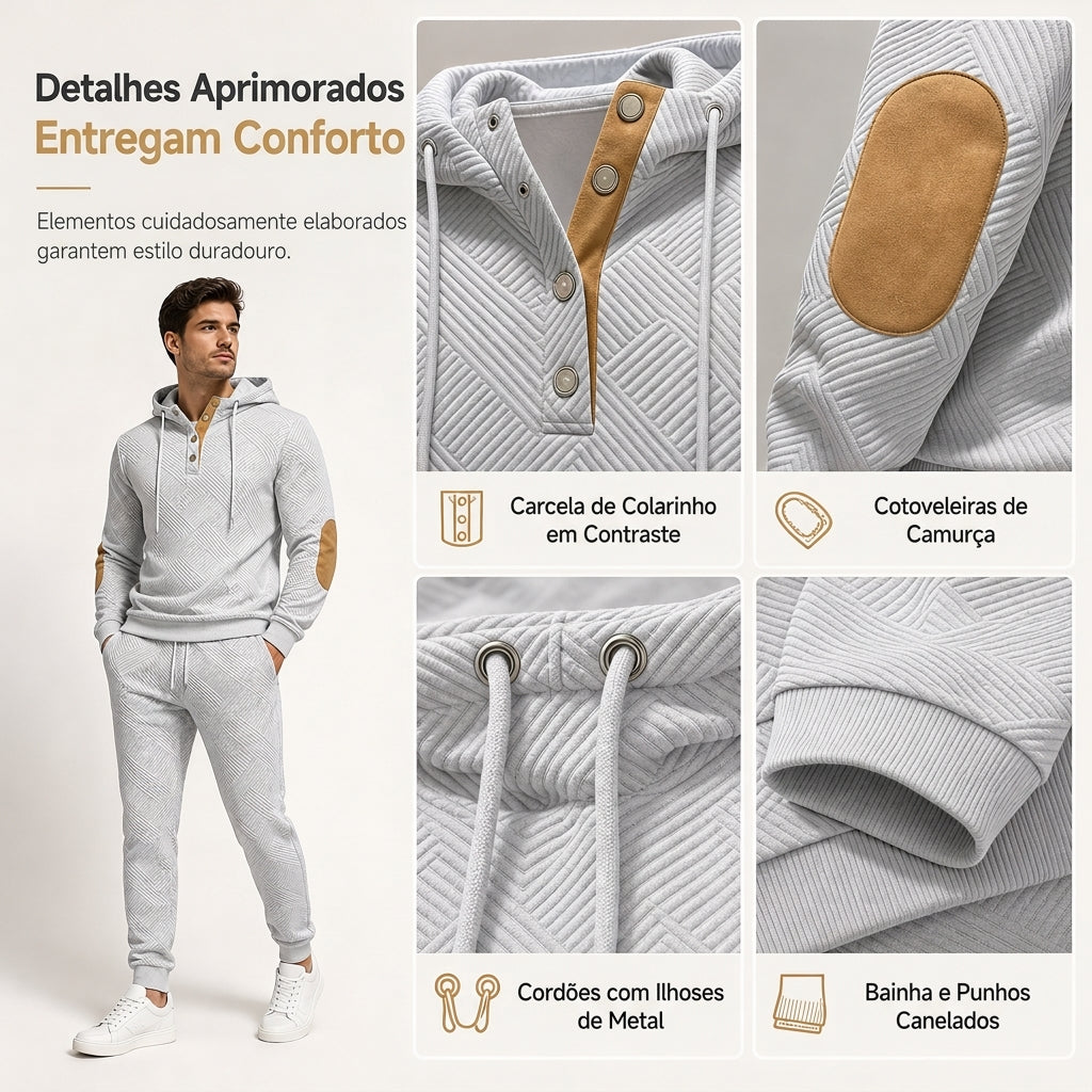 Conjunto de Moletom com Capuz e Calça de Tecido Jacquard Masculino 2 Peças, Conjunto de Treino Casual de Outono e Inverno
