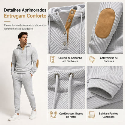 Conjunto de Moletom com Capuz e Calça de Tecido Jacquard Masculino 2 Peças, Conjunto de Treino Casual de Outono e Inverno