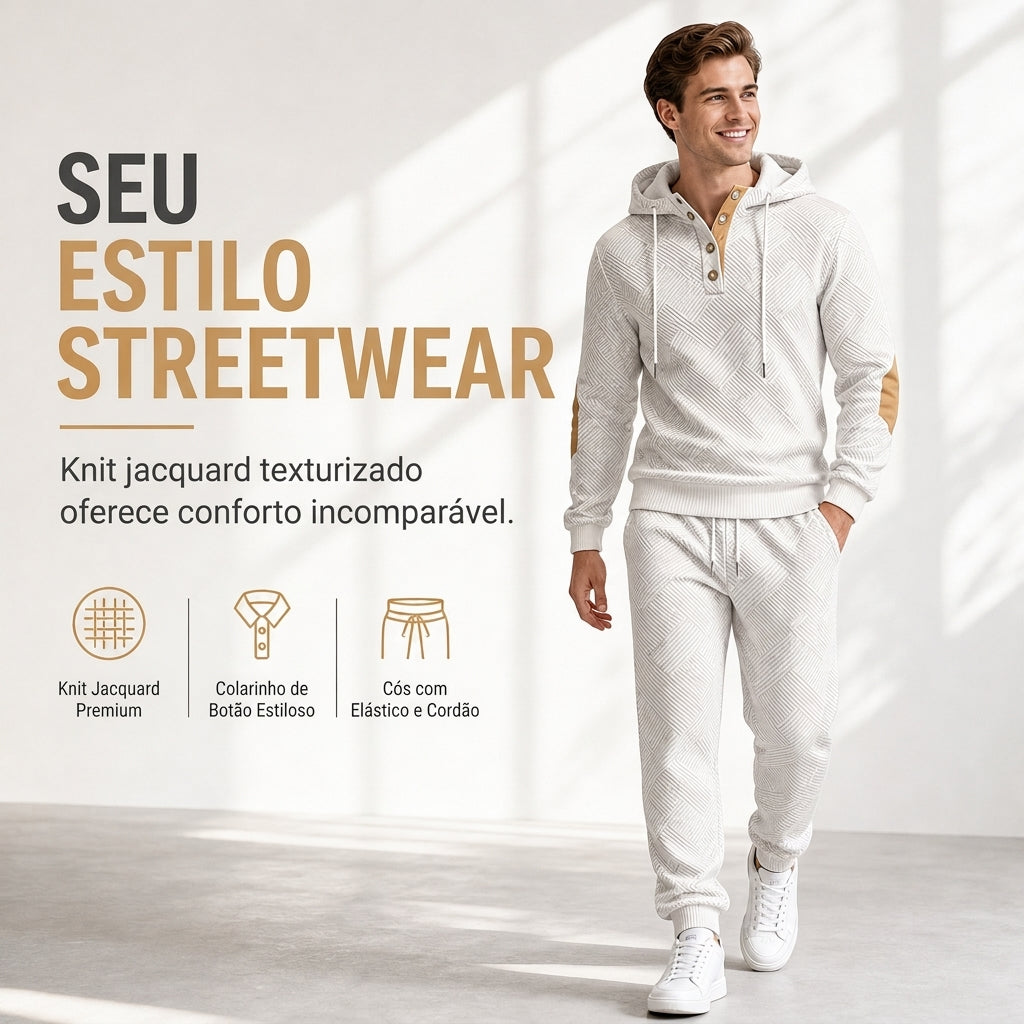 Conjunto de Moletom com Capuz e Calça de Tecido Jacquard Masculino 2 Peças, Conjunto de Treino Casual de Outono e Inverno