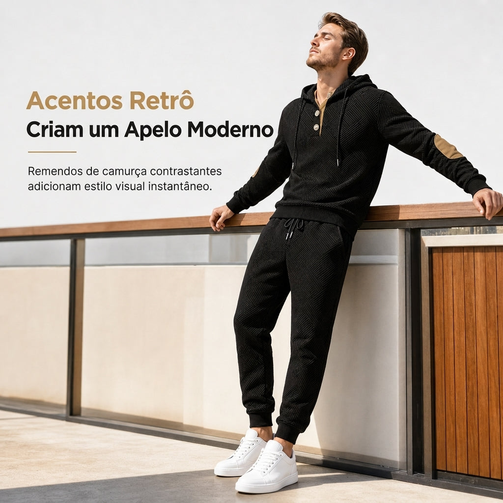 Conjunto de Moletom com Capuz e Calça de Tecido Jacquard Masculino 2 Peças, Conjunto de Treino Casual de Outono e Inverno