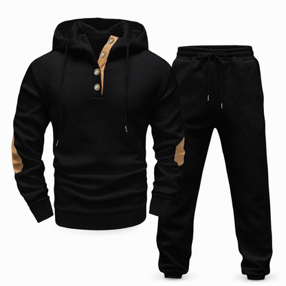 Conjunto de Moletom com Capuz e Calça de Tecido Jacquard Masculino 2 Peças, Conjunto de Treino Casual de Outono e Inverno