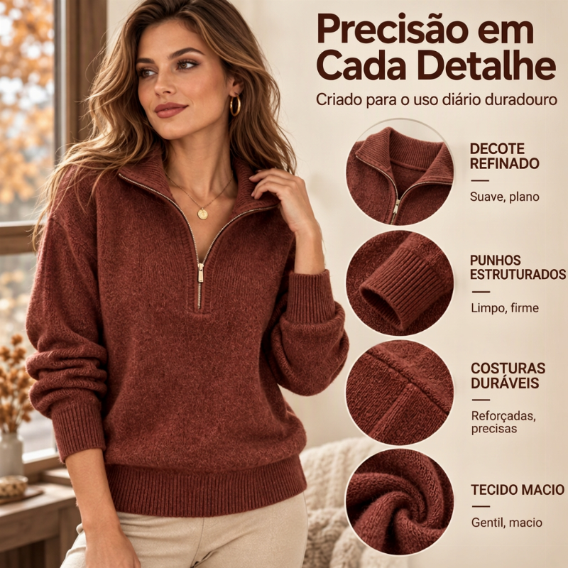 Suéter casual de cor sólida para mulheres com meio zíper