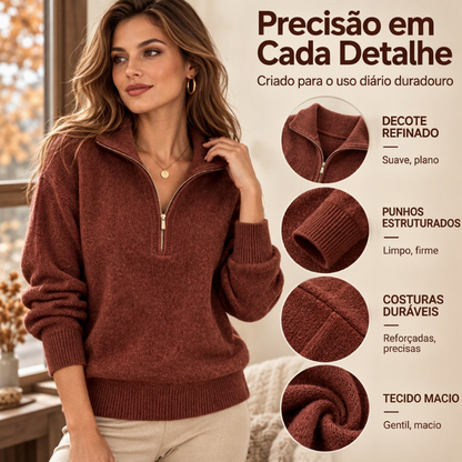 Suéter casual de cor sólida para mulheres com meio zíper