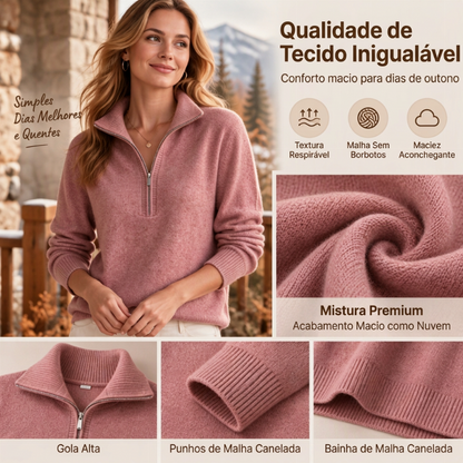 Suéter casual de cor sólida para mulheres com meio zíper