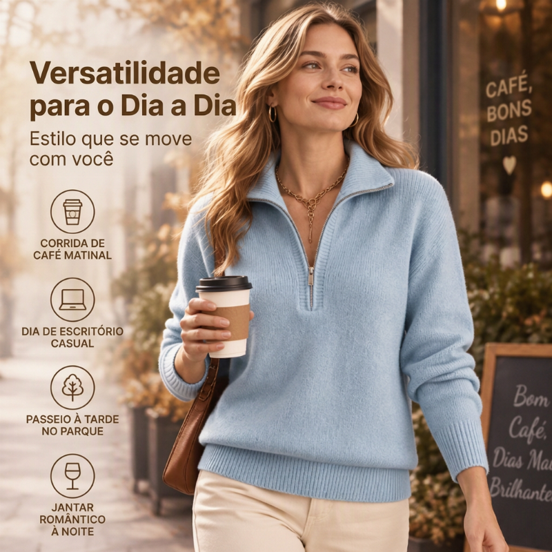 Suéter casual de cor sólida para mulheres com meio zíper