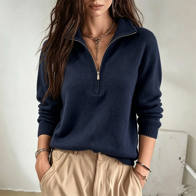 Suéter casual de cor sólida para mulheres com meio zíper