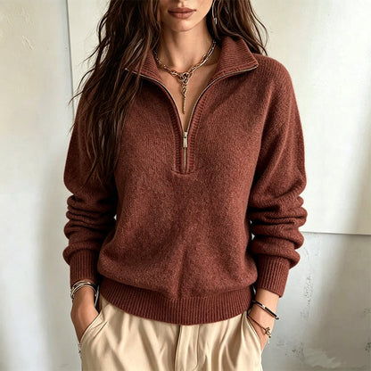 Suéter casual de cor sólida para mulheres com meio zíper