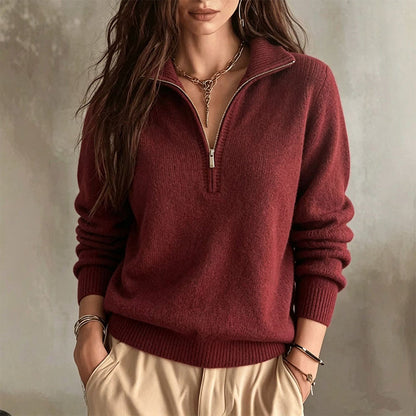 Suéter casual de cor sólida para mulheres com meio zíper