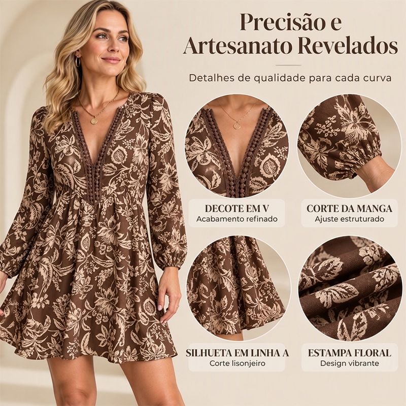 Vestido feminino de gola V com mangas longas e estampa floral vintage