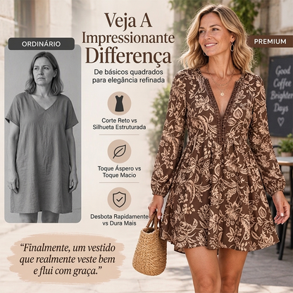 Vestido feminino de gola V com mangas longas e estampa floral vintage