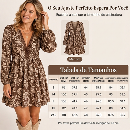 Vestido feminino de gola V com mangas longas e estampa floral vintage