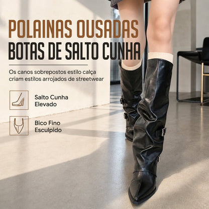 Botas altas de joelho de couro macio para mulheres, ponta bico, cano desleixado e salto bloco grosso