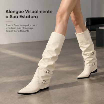 Botas altas de joelho de couro macio para mulheres, ponta bico, cano desleixado e salto bloco grosso