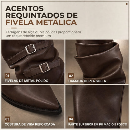Botas altas de joelho de couro macio para mulheres, ponta bico, cano desleixado e salto bloco grosso