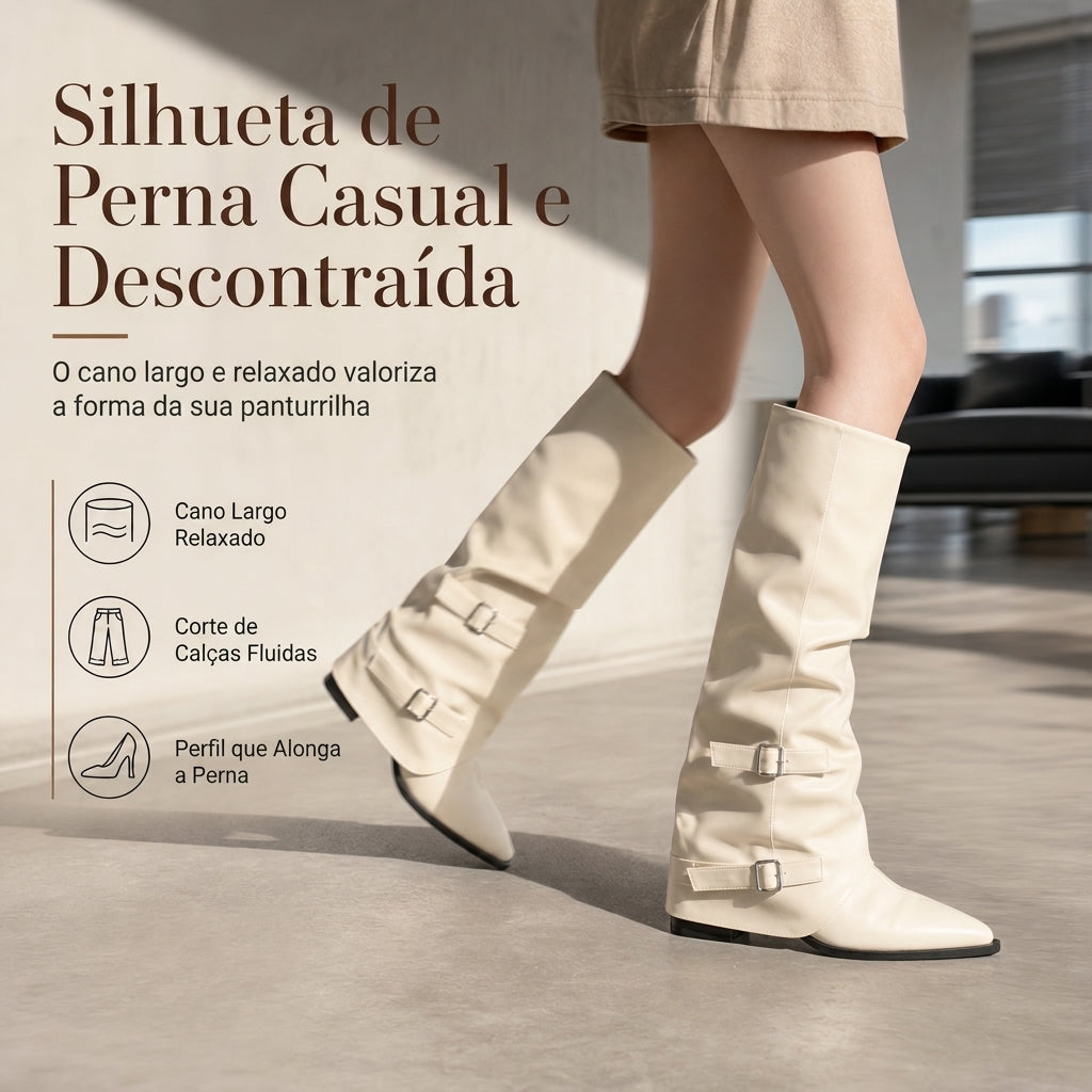Botas altas de joelho de couro macio para mulheres, ponta bico, cano desleixado e salto bloco grosso
